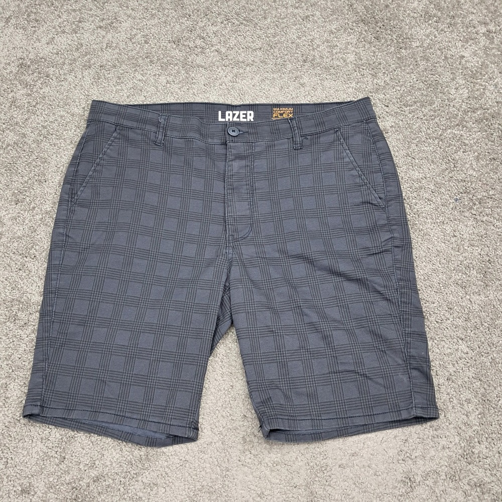 Lazer Mens Maximum Comfort Flex Chino Shorts Grey Plaid ML82285 Size 36